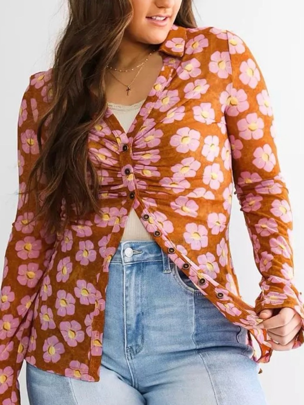 Free People Rust Button-Front Floral Top with Pink Blossoms